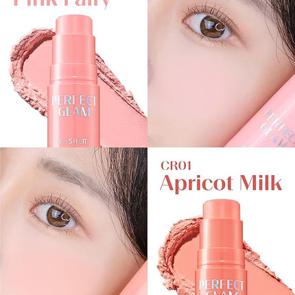 THESAEM Perfect Glam Stick Blusher with Blending Sponge PK01 Pink Fairy - Milky Pink Color Cream Blush Stick Balm for Cheeks - Silky Smooth Formula with Natural Dewy Finish, 0.2oz.