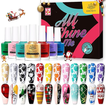 Born Pretty Nail Stamping Polish, Fingernail Stamp Polish Set Manicure Print Nail Polish for Plates 12 Colors Bulk Gift Collection 10ml 0.34fl oz Ideal Gifts