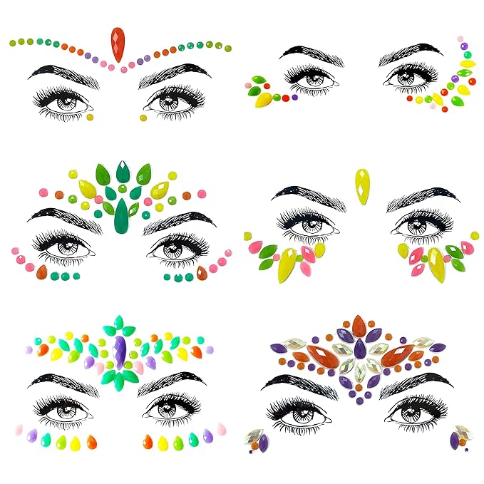 6 Pcs Halloween Noctilucent Glow Face Gems, Night Glow Face Jewels for Party and Festival, Fluorescence Rhinestone Face Stickers