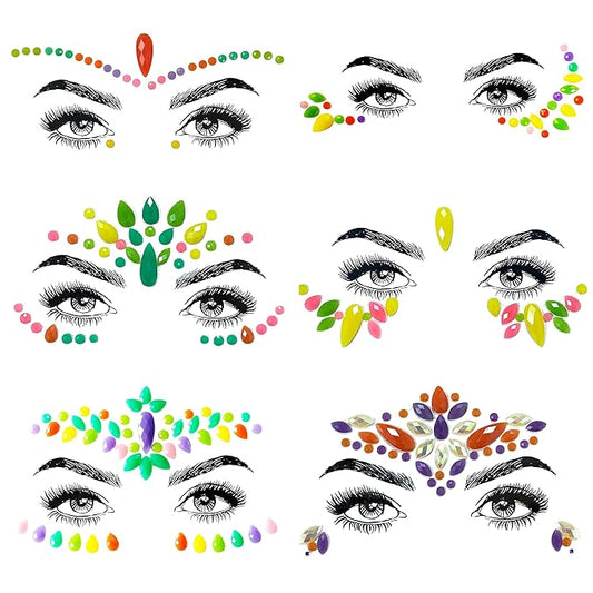 6 Pcs Halloween Noctilucent Glow Face Gems, Night Glow Face Jewels for Party and Festival, Fluorescence Rhinestone Face Stickers