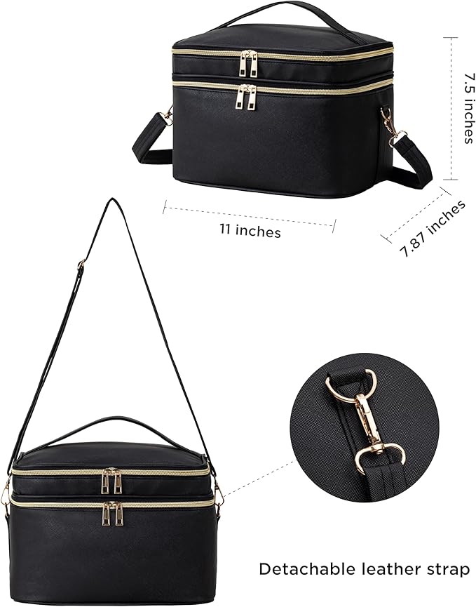 Makeup Bag for Women XL-Large Travel Makeup Bag Organizer Portable Toiletry Bag Cute Makeup Bags Waterproof Leather Cosmetic Bag Makeup Case with Removable Dividers, Black