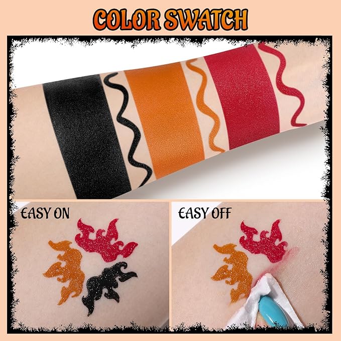 Black Red Orange Face Body Paint with Applicator, Face Painting Kit for Halloween Makeup, Pumpkin, Tiger Costume, Cosplay,Theme Parties, Dress Up - Compact & Portable