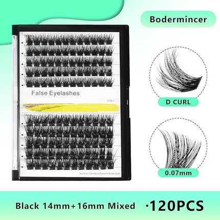 Bodermincer 120 Clusters 10mm+12mm/12mm+14mm/14mm+16mm Mixed Wide Cluster False Eyelash Individual Cluster EyeLashes Grafting Fake False Eyelashes Eyelash Extension (Black 12mm+14mm Mixed)