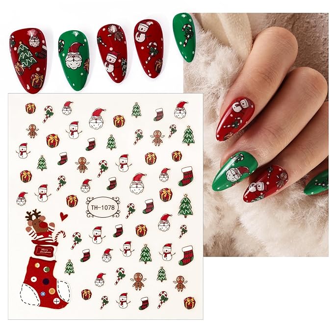 Melodysusie 5PCS Christmas Nail Art Stickers for Semi Cured Gel Nail Strips with3D Self-Adhesive Nail Decals Designs Nail Decorations DIY Manicure Supplies for Women Girls&Kids