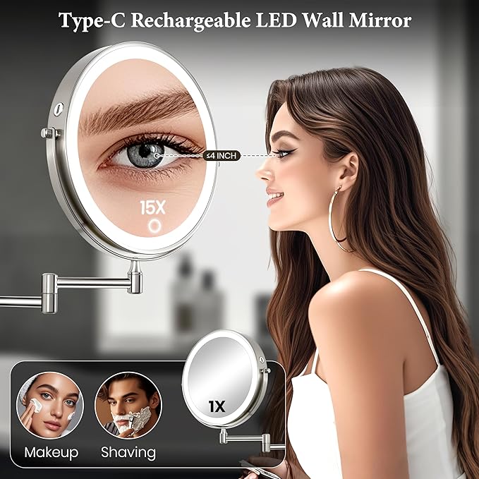 9" Large 15X Rechargeable Wall Mounted Lighted Makeup Mirror Nickel, 5000mAh HD Magnifying Mirror with 3 Color Bright Lights Touch Screen Dimmable, 17" Extendable 360° Swivel Bathroom Vanity Mirror