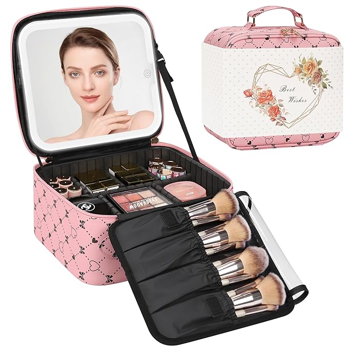 Relavel Travel Makeup Bag With LED Mirror, Compact Cosmetic Organizer Storage with Brush Compartment, 3 Colors in Adjustable Brightness, Adjustable Dividers, Make Up Train Case - Pink Bowknot