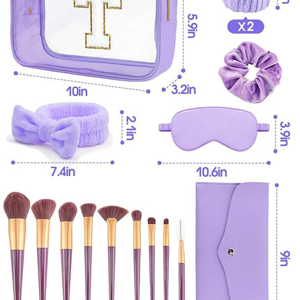Gift Sets for Women, Initial Makeup Bag with Makeup Brush Set Bachelorette Party Favors, Purple Spa Kit with Skincare Headbands Wrist Bands Sleepover Party Supplies Gifts for Teen Girls Bridesmaid T