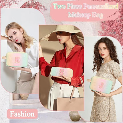 Personalized Initial Makeup Bag Waterproof Leather Cosmetic Bag Travel Toiletry Bag, Valentine’s Day Gift Makeup Organizer Case & Makeup Pouch for Women Teen Girls Mom Girlfriend Wife