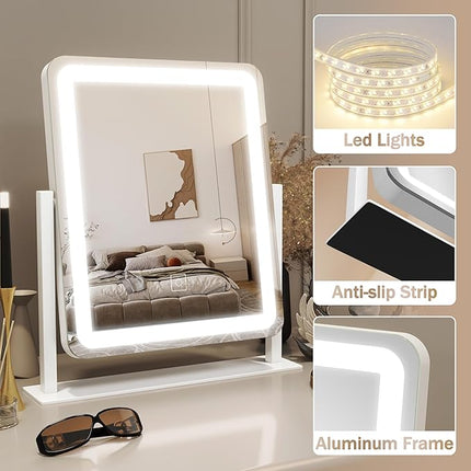 ROLOVE Lighted Makeup Mirror, Vanity Mirror with Lights for Desk Tabletop, Smart Touch with 3-Color Lighting,Dimmable, 360° Rotation, White, 13"x15"