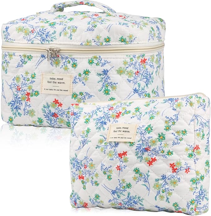 VIWIME Makeup Cosmetic Bag, Large Cotton Quilted Travel Coquette Aesthetic Cute Floral Make up Bag for Women Toiletry Bag Organizer(Red&Green Flower/2Pcs)