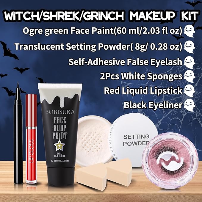 6 PCS Halloween Witch Makeup Set - Includes Ogre Green Face Body Paint(60ml), Black Eyeliner, False Eyelashes, Red Lipstick - Oil-Based SFX Face Painting Kit for Costume, Cosplay, Dress-Up Party