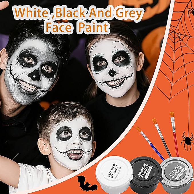 White Black Grey Face Body Paint for Halloween Makeup, Face Paint Kit with Brushes, Non-Irritating, for Adults & Kids, Full-Coverage SFX Makeup Kit for Clown, Zombie, Skeleton, Mime, Cosplay