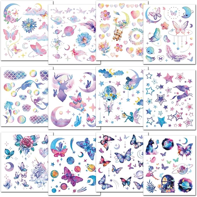 110 Glitter Styles Temporary Tattoos for Girls Women - 12 Sheets Glitter Dream Butterfly Moon Fairy Mermaid Temporary Tattoos for Girls Party Favors Festival Makeup