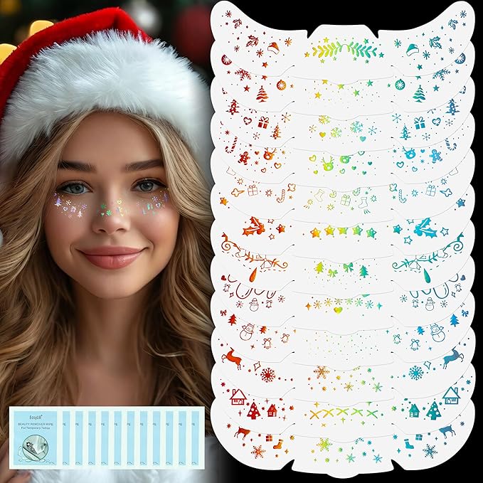 12Pcs Christmas Chameleon Glitter Freckles Face Tattoo, Holographic Multichrome Waterproof Glitter Speckles Patches, Long Lasting Temporary Tattoos Sticker Makeup for Christmas Party Makeup03