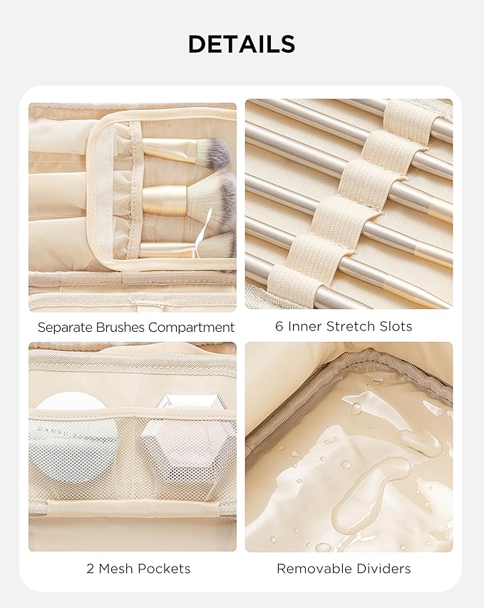 Makeup Bag for Women Small Travel Makeup Bag Organizer Portable Toiletry Bag Cute Makeup Bags Waterproof Leather Cosmetic Bag Makeup Case with Handle, Beige