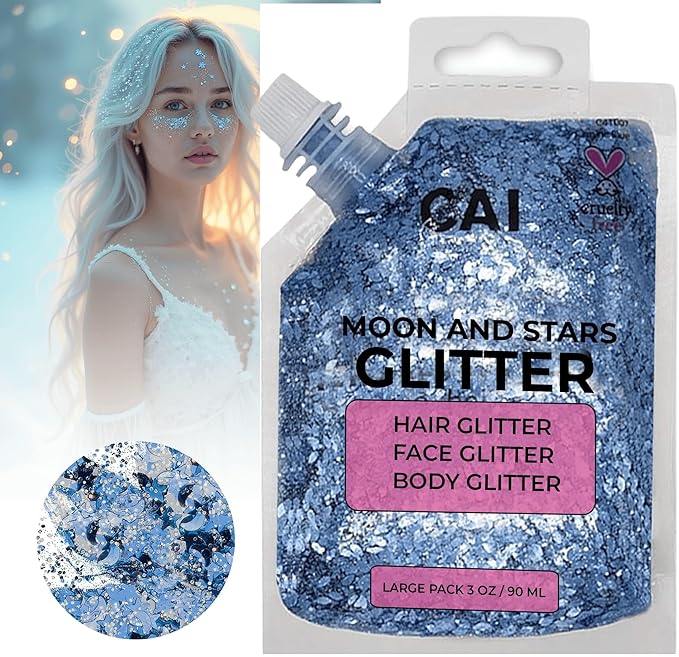 Face, Body & Hair Glitter Gel – Halloween Glitter for Kids and Women – 3 Oz Cosmetic-Grade Gel w/Moon & Stars for Festivals & Halloween Party, Easy Apply & Wash Off - Blue 2Pack