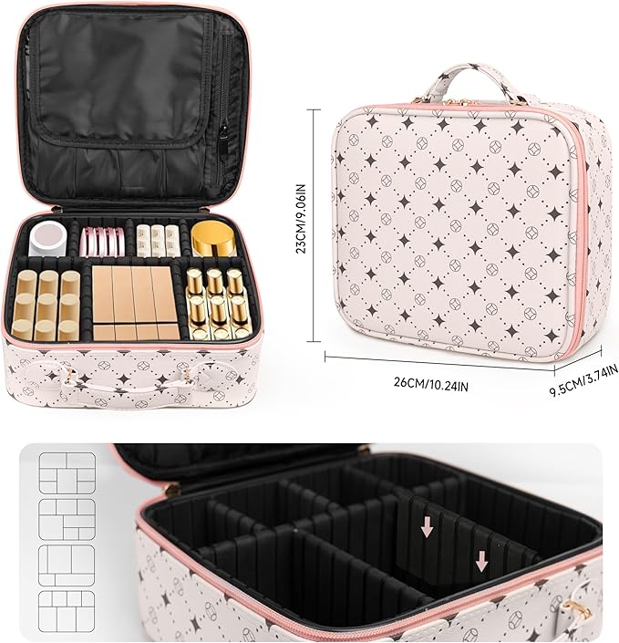 Travel Makeup Bag,Waterproof Cosmetic Organizer, Adjustable Dividers,Portability Cosmetic Train Case,Makeup organizer,Gift for Women,Girls Gift (Beige+Pink)