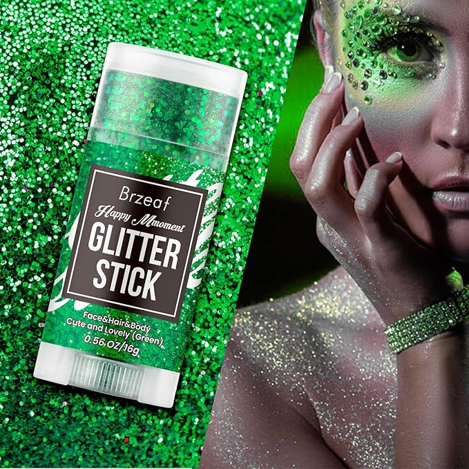 Brzeaf Waterproof Green Body Glitter Stick, Halloween Chunky Glitter for Face/Body/Hair/Eyes/Lip, Singer Concert Music Rave Festival, Glitter Stick Makeup & Face Glitter Gel for Women Men 0.56 OZ