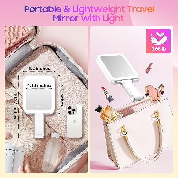 Magnifying Travel Mirror with Light, 30X/1X Double-Sided Magnifying Mirror with 3 Color Lights, Brightness Adjustable, Foldable Handheld Makeup Mirrors Portable for Travel and Desktop Use