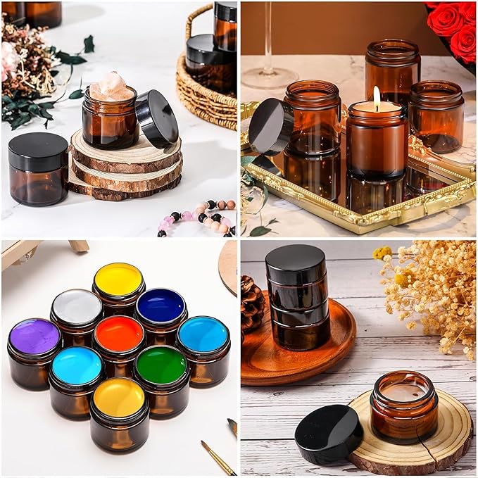 12 Pack 4 oz Round Amber Glass Cosmetic Jars with Inner Liners, Black Lids, Spatula, Chalk Labels, Pen, Candle Holder, Refillable Containers for Makeup, Cream, Sugar Scrubs, Bath Salts