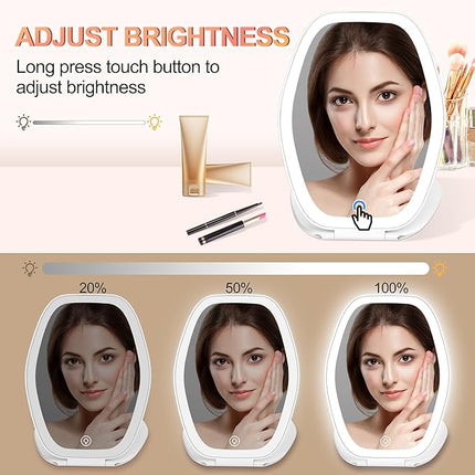 Travel Makeup Mirror with Light: 3 Color Lighting Portable Mirror with Touch Screen Rechargeable Adjustable LED Lights Hexagon Vanity Mirror for Travel, Desk, Home (White)