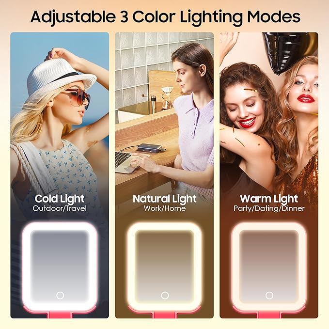 B Beauty Planet Small Travel Makeup Mirror with Lights(10" L x 5" W), Double-Sided 1X/30X Magnifying Mirror, 3 Color Lighting & Brightness Adjustable, Portable &Foldable Mirrors with Light (Red)