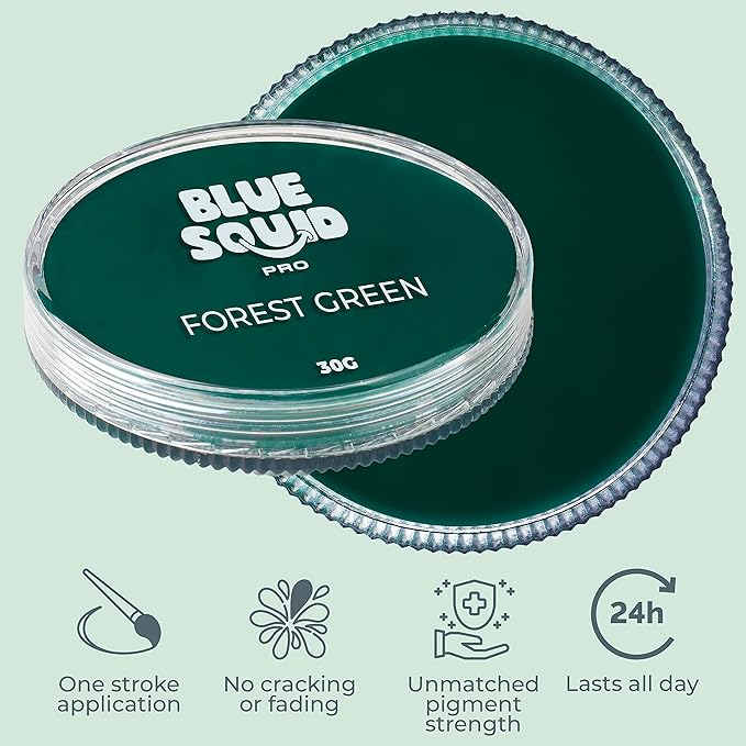Blue Squid Face Paint Water Based Single Cake Professional Face Paint & Body Paint - Water Activated, Kids Adults Face Painting for Costume, Halloween Makeup, Cosplay - Forest Green Face Paint 30g