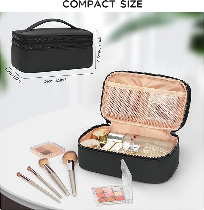 Relavel Makeup Bag Small for Women, Portable Cute Travel Cosmetic Bag, 2-Layers Design with Makeup Brush Compartment for Girls, Preppy Make Up Organizer for Travel Essentials Toiletries, Black