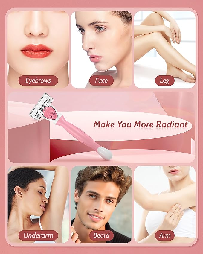 Razors for Women Sensitive Skin, 6 Blades Women’s razors for Shaving Including 1 Travel Razors for Women with 12 Blade Refills， Pink