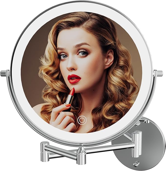 Rechargeable Wall Mounted Lighted Makeup Vanity Mirror 9 Inch Double Sided 1X 10X Magnifying Bathroom Mirror, 3 Color Lighting, Touch Screen Dimming, 360 Rotation Shaving Mirror Chrome
