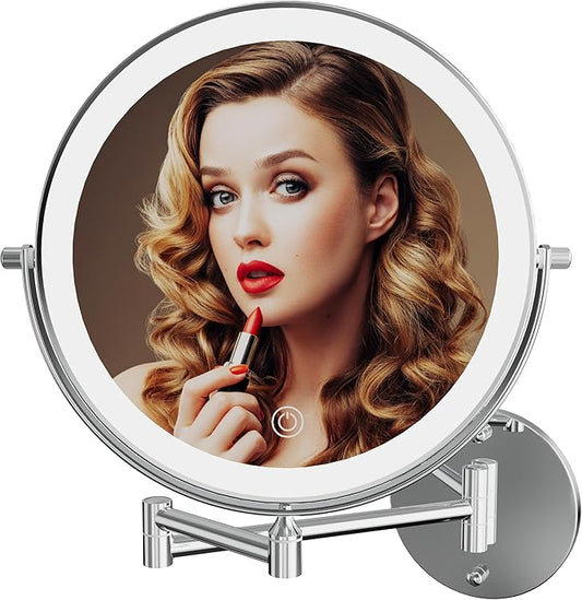 Rechargeable Wall Mounted Lighted Makeup Vanity Mirror 9 Inch Double Sided 1X 10X Magnifying Bathroom Mirror, 3 Color Lighting, Touch Screen Dimming, 360 Rotation Shaving Mirror Chrome