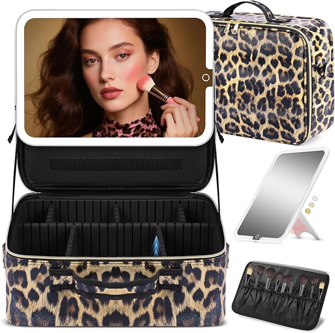 Large Travel Makeup Bag with LED Mirror, 3-Color Stepless Dimming Stand Mirror Detachable, with Adjustable Divider, Makeup Brush Holder Storage (Leopard)