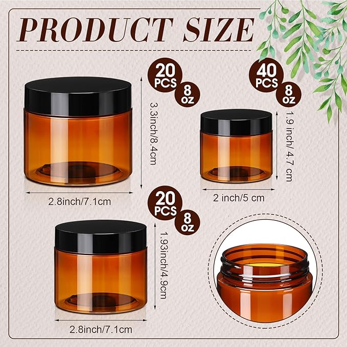 Tanlade 100 Pcs 8/4/2 oz Amber Plastic Cosmetic Jars with Lids Empty Leak Proof Container Refillable Cosmetic Jars Airtight for Cream, Lotion, Powder, Ointment, Beauty Products Travel Storage (Round)