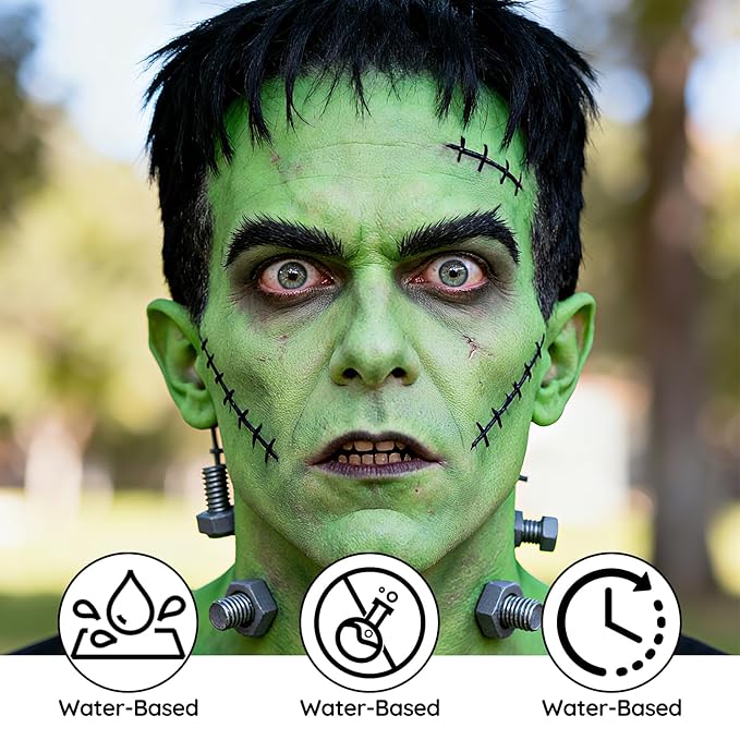 Black White Light Green Face Body Paint - Water-Based Non-Toxic Makeup Kit for Shrek Monster, Full Coverage Washable face Painting for Halloween Cosplay, Costume Parties, Stage Performances