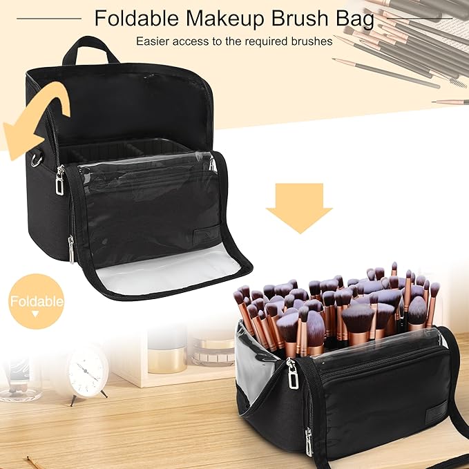 Makeup Brush Case, Extra Large Stand-up Makeup Cup Travel Makeup Brush Bag Foldable Professional Cosmetic Bags Artist Storage Case with Adjustable Divide&Strap (01A-Black（X Large）)