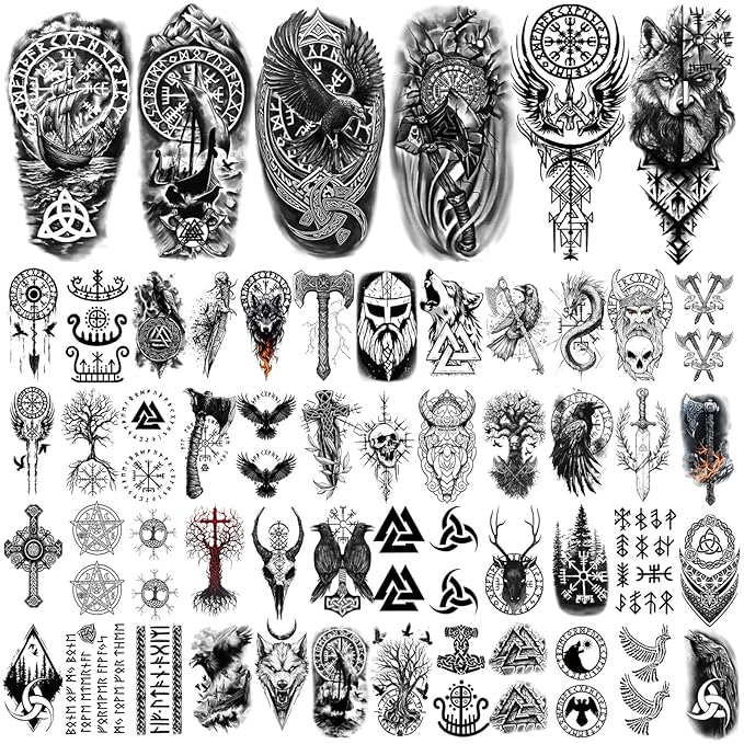77 sheets Viking Temporary Tattoos Adult, Nordic Celtic Tattoos, Totem Tribal Fake Tattoo Stickers for Viking Costume, Nordic Norse Yggdrasil Valknut Fake Arm Tattoos for Women Men Kids