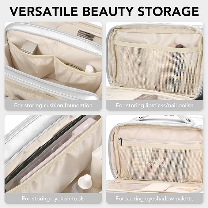 Travel Makeup Bag Women's Large Capacity Cosmetic Portable Organizer Large Opening Waterproof Storage Toiletry Bags Vertical Free-Standing Brush Holder for Easy Access Silver
