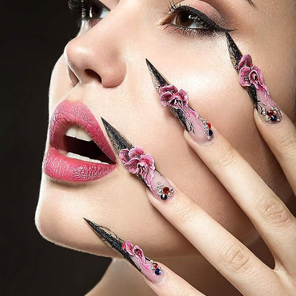 RUOKEXIN Long Nail Press ons Square Press on Nails White French Fake Nails Nude Full Cover False Nails with 3D Flower Butterfly Designs Sparkly Glue on Nails Fall Winter Stick on Nails for Women 24Pcs