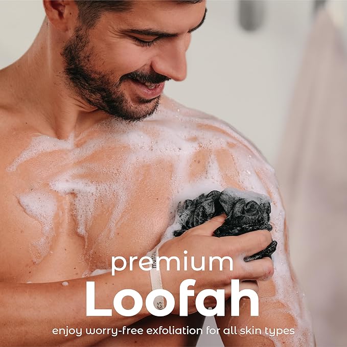MainBasics Bath Shower Loofah Sponge Pouf Body Scrubber Exfoliator Body Wash Sponge (Set of 3, Triple Black)