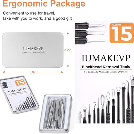 Pimple Popper Tool Kit, IUMAKEVP 15 PCS Professional Stainless Steel Blackhead Remover Comedone Extractor Tools for Removing Zit on Face - Acne Removal Kit with Metal Case (Silver)