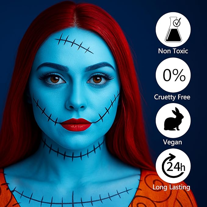 Sally Makeup Kit, Corpse Bride Halloween SFX Makeup Kit, Sally Face Costume Cosplay Accessories for Women Girls, Water Activated Light Blue Face Body Paint+Red Lipstick+Black Eyeliner+Sponges