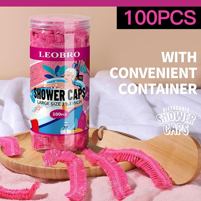 LEOBRO Disposable Shower Caps, 100PCS Large Shower Cap, Plastic Shower Caps for Women Disposable, Thick Plastic Caps for Hair Treatment, Large Size 19.3 INCH, Pink