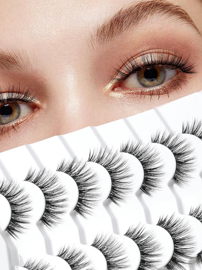 Lashes Wispy False Eyelashes Natural Volume Fluffy Lashes 12MM Strip Eyelashes with Thin Band C Curl Eyelashes False Eye Lashes Pack 7 Pair Siligli