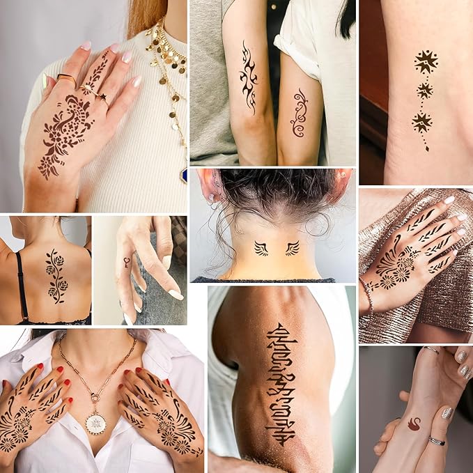 126 PCS Temporary Tattoos Stencils Kit,Temporary Tattoos Kit - 6 Pcs 2 Color(Brown Black) Ink with Gloves,DIY Body Art Painting for Women Men Adults Kids