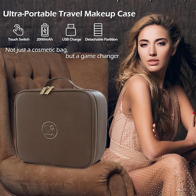 MOMIRA Travel Makeup Bag Cosmetic Bag Makeup Organizer Bag with Lighted Mirror, Adjustable Brightness in 3 Color Scenarios, Waterproof Makeup Train Case, Gift for Women - Brown