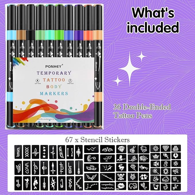 Ponhey Temporary Tattoo Markers for Skin, 36 Body Markers+67 Large Tattoo Stencils,Dual-End Tattoo Pens,Fine Lines with Cosmetic-Grade,Flexible, Skin-Safe Face Paint Kit for Kids Teenage Adults