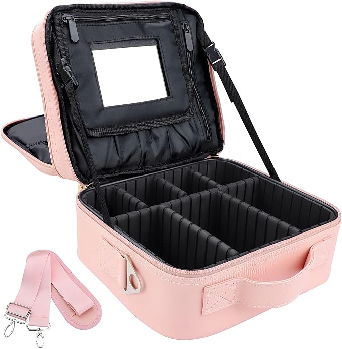 JOURMON Travel Makeup Bag Portable Cosmetic Train Case Organizer Artist Storage Bag with Adjustable Dividers for Cosmetics Makeup Brushes Toiletry Jewelry Digital Accessories(Cute Pink,S)