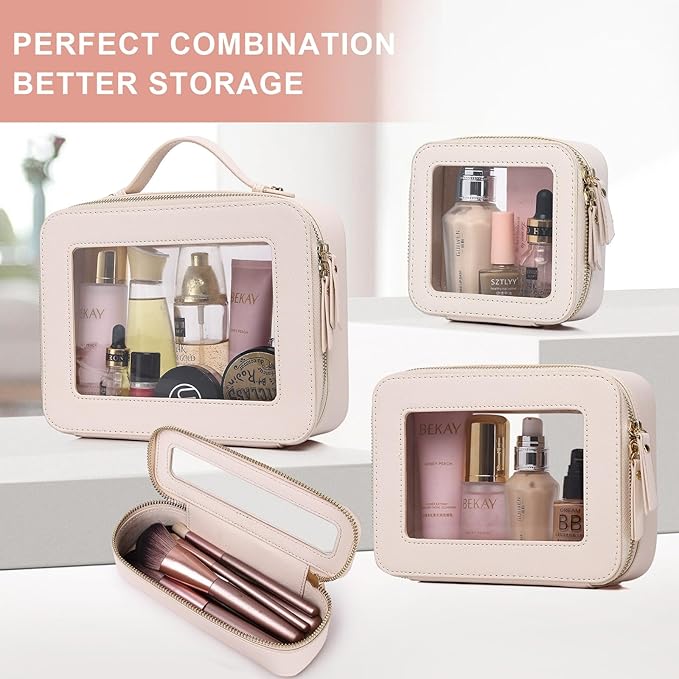 Pinkmik Clear Makeup Bag for Women Waterproof Travel Cosmetics and Toiletries Case Portable Makeup Oaganizer Bag Clear Car Bag with Zipper (Beige, M)