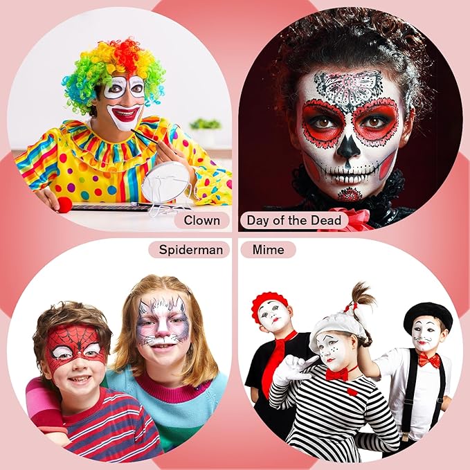 Goth White Foundation + Black Red Face Body Paint for Halloween Makeup, Face Painting Kit with Brushes Facepaint Set for Kids Adults Clown Vampire Skull SFX Make Up Costume Cosplay Party Theater Stage