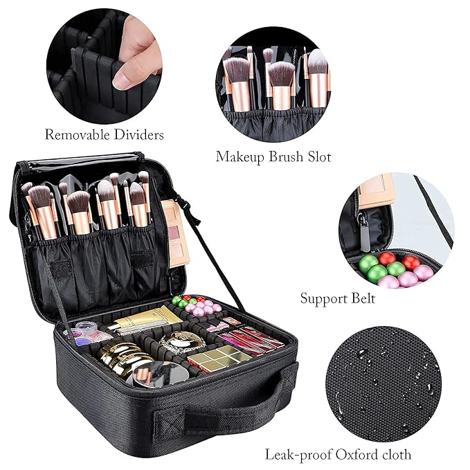 gzcz Travel Makeup Bag,10.4 Inches Portable Makeup Case Cosmetic Train Case Organizer Artist Storage Bag With Adjustable Dividers For Cosmetics Brushes Toiletry Jewelry Digital Accessories (Black)